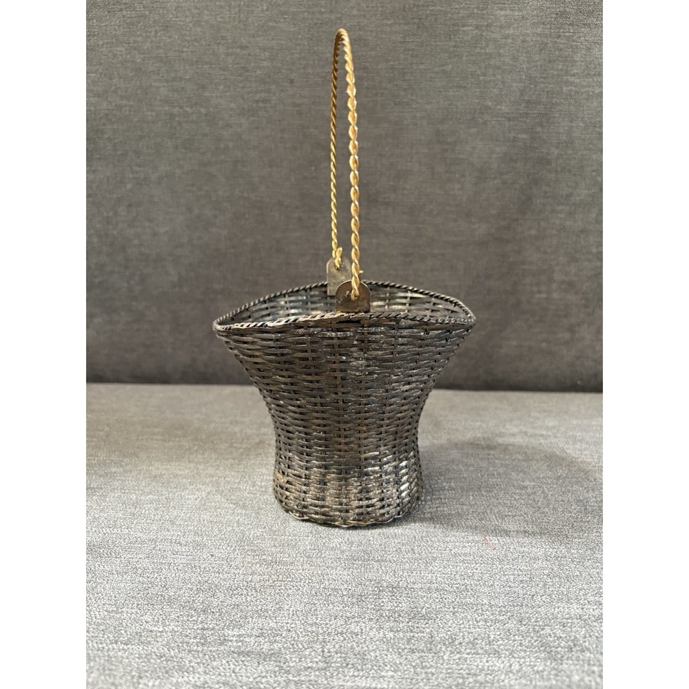 Vintage‎ Teleflora Gift Metal Woven Basket Tall Moveable Handle Silver Toned